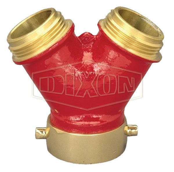 PW25F15F Dixon Brass Plain Wye with Pin Lugs - 2-1/2" Female NST(NH) Inlet x 1-1/2" Male NST(NH) Outlets (Two)