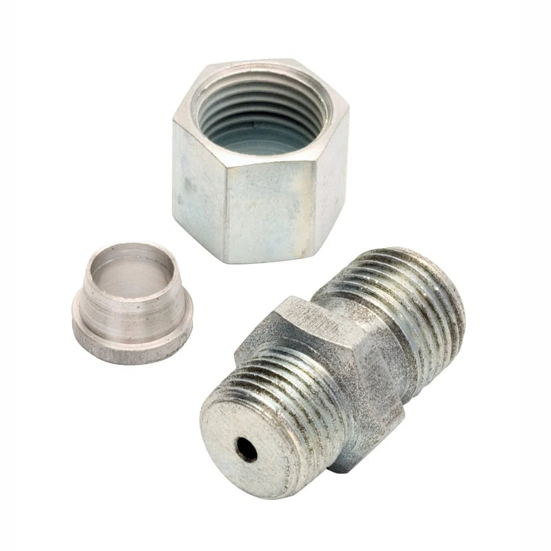 381281-5 by Alemite | Condensing Fitting | Inlet: 1/8" Female NPTF | Outlet: 1/8" Male NPTF | SAE Special Short | Length: 0.38" | Finish: Zinc