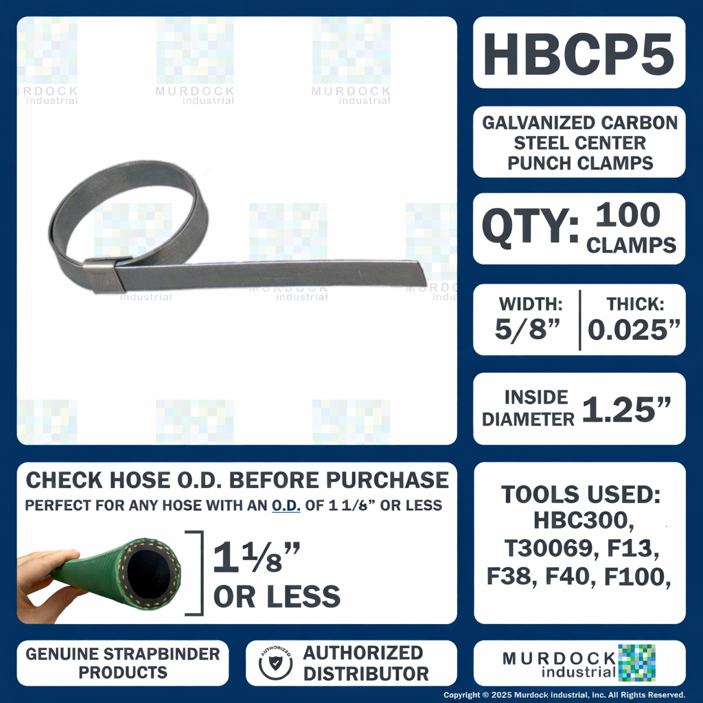 HBCP5 by Strapbinder | Center Punch Clamp | 1-1/4" ID | 5/8" Width | .027" Thickness | Galvanized Carbon Steel | Box of 100