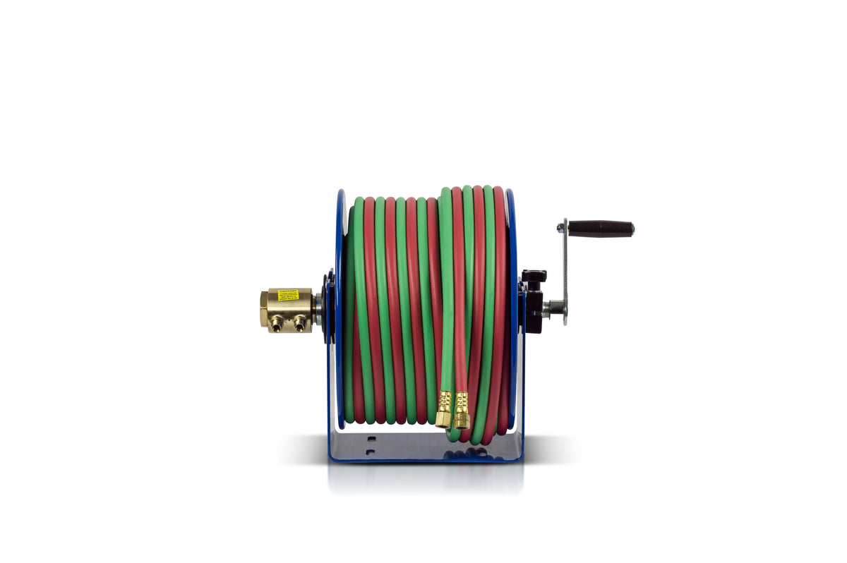 112W-1-50 by Coxreels | 100W Series | 200 PSI Hand Crank Hose Reel for Oxy-Acetylene Welding | 1/4" Hose ID, 1/4" FNPT Inlet x 1/4" MNPT Hose End | Steel | 50ft Twin EPDM Hose Included