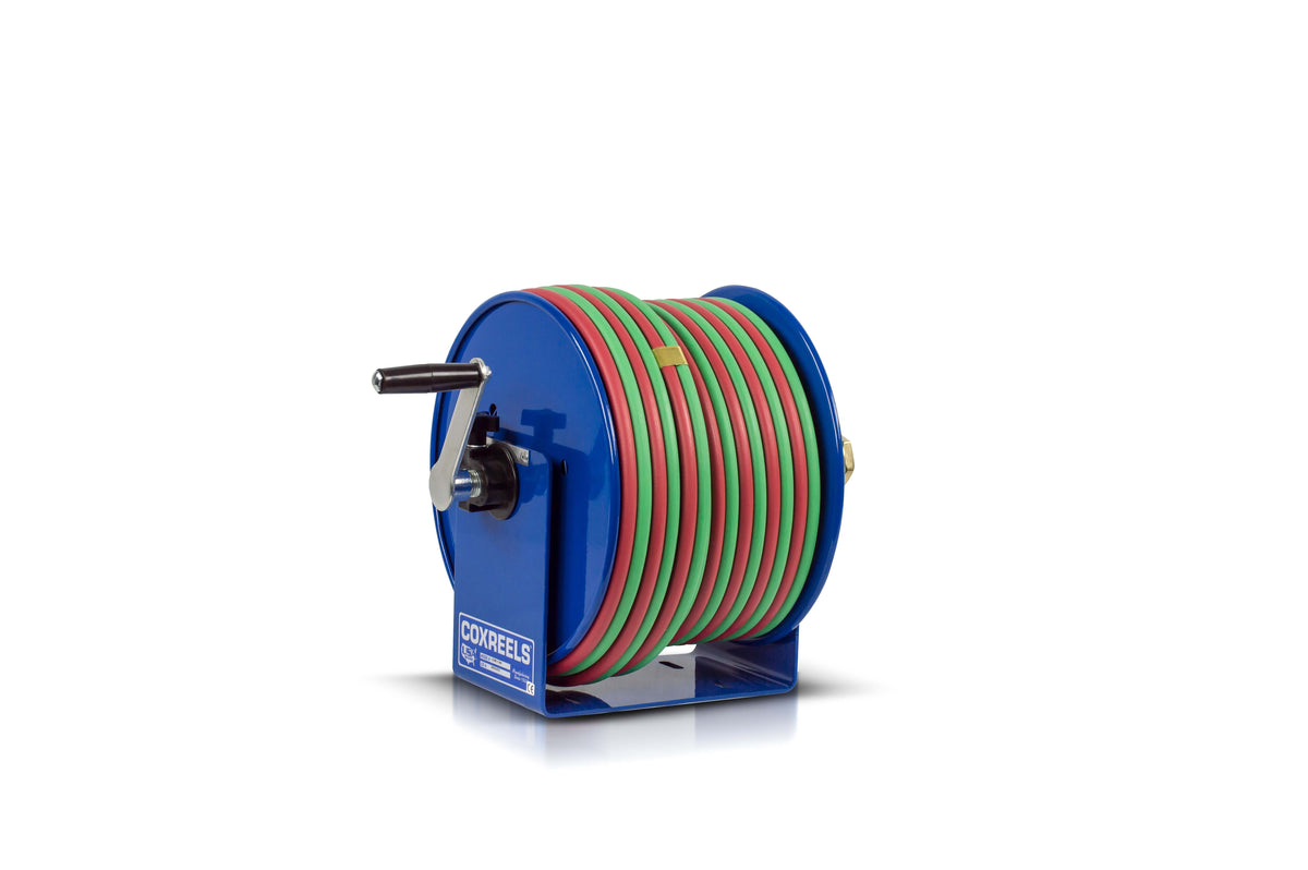 112W-1-50 by Coxreels | 100W Series | 200 PSI Hand Crank Hose Reel for Oxy-Acetylene Welding | 1/4" Hose ID, 1/4" FNPT Inlet x 1/4" MNPT Hose End | Steel | 50ft Twin EPDM Hose Included