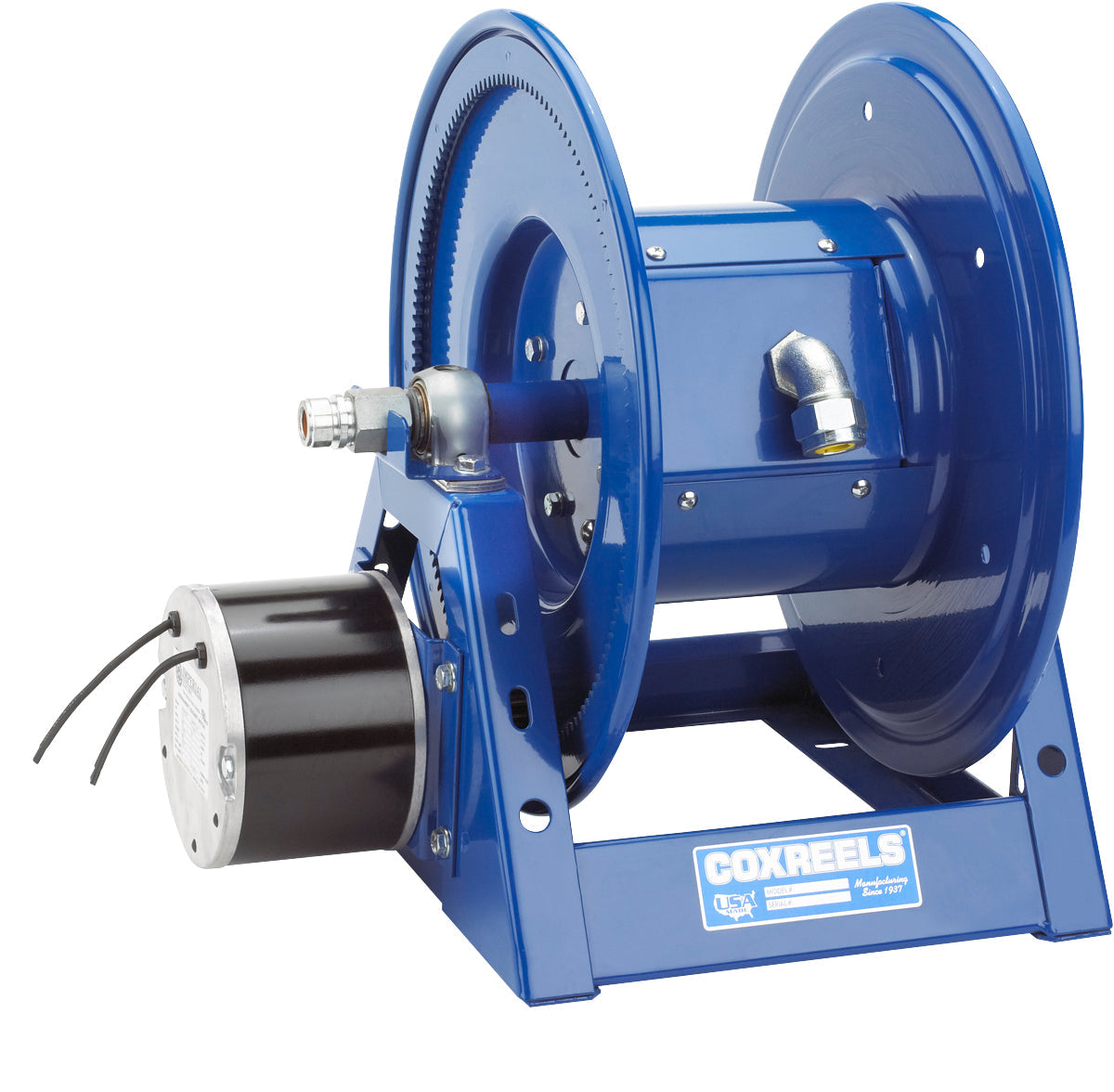 1125PCL-8M-E by Coxreels | 1125PCL Series | Motor Driven Cord Reel | 12V DC 1/3 HP Electric Motor | 10/3 or 8/3 SO Cord, 45A, 600V | Steel | 200ft (10/3) or 175ft (8/3) Capacity, Cord Not Included