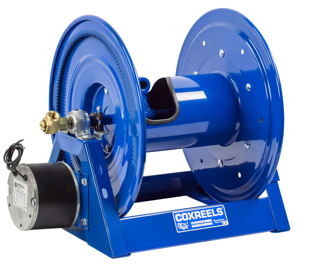 1275-6-75-E by Coxreels | 1275 Series | 3,000 PSI Dual Hose Motor Driven Hose Reel | 12V DC 1/3 HP Electric Motor | 1" Hose ID, 1" FNPT Inlet | Steel | 75ft Capacity, Hose Not Included