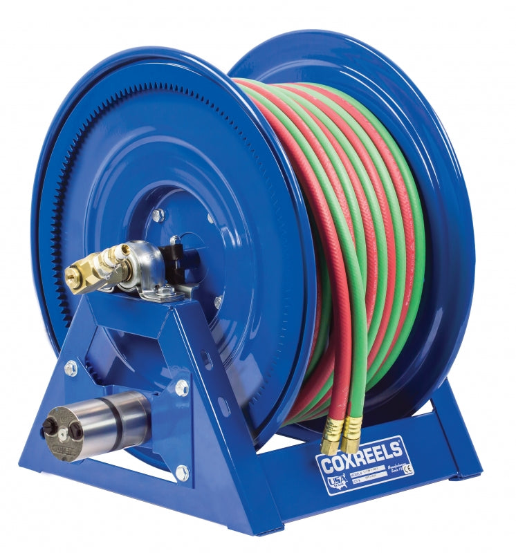 1275WL-3-150-A by Coxreels | 1275W Series | 200 PSI Dual Hose Motor Driven Hose Reel for Oxy-Fuel Welding (T-Grade) | #4 Gast Air Motor | 3/8" Hose ID, 3/8" FNPT Inlet | Steel | 150ft Capacity, Hose Not Included
