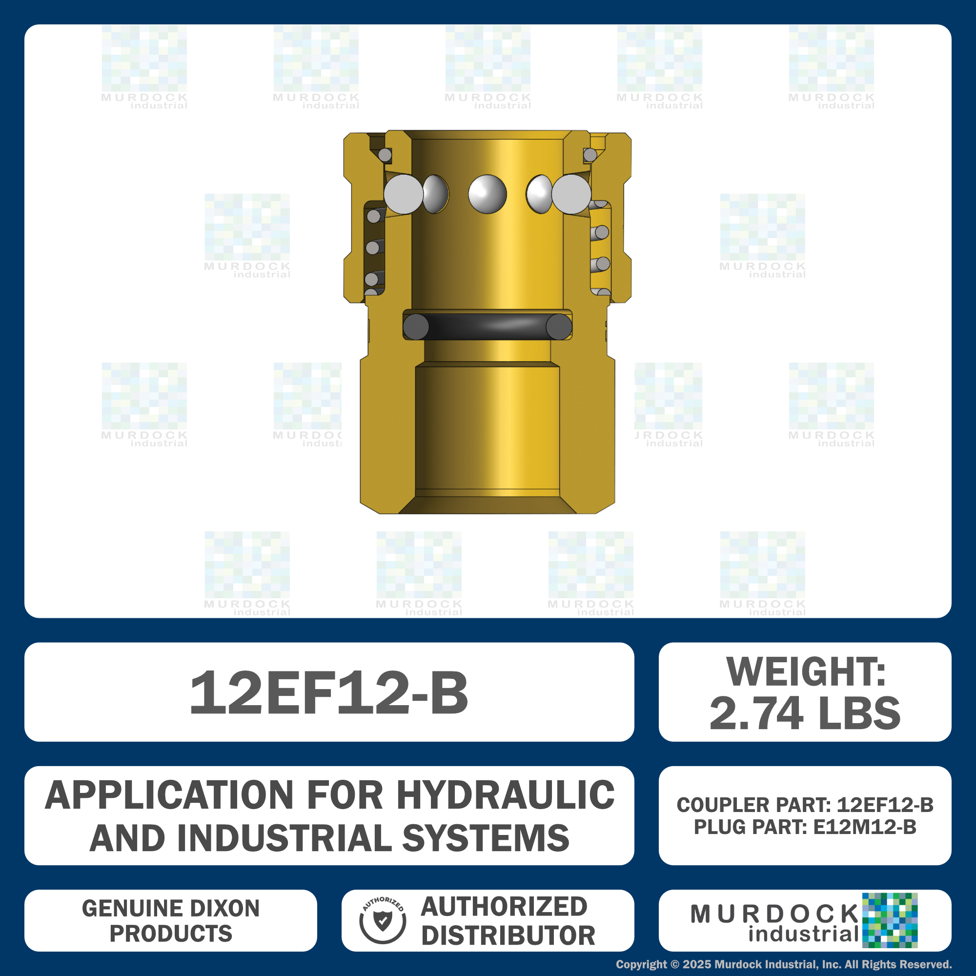 12EF12-B by Dixon Valve | Hydraulic Quick Disconnect Coupling | E-Series | 1-1/2" Female NPTF x 1-1/2" Straight-Through Interchange | Socket | Nitrile Seal | Brass