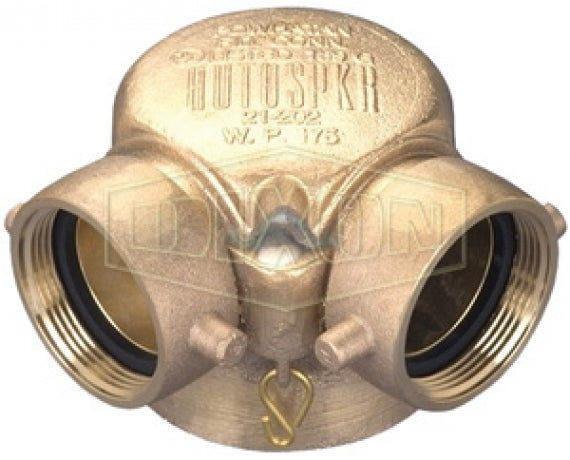 90SCS4025F Dixon Auto-Spkr Cast Brass 90 deg. Single Clapper Siamese Connection - Bottom Outlet - 4" Female NPT Outlet x Two 2-1/2" Female NST(NH) Inlets