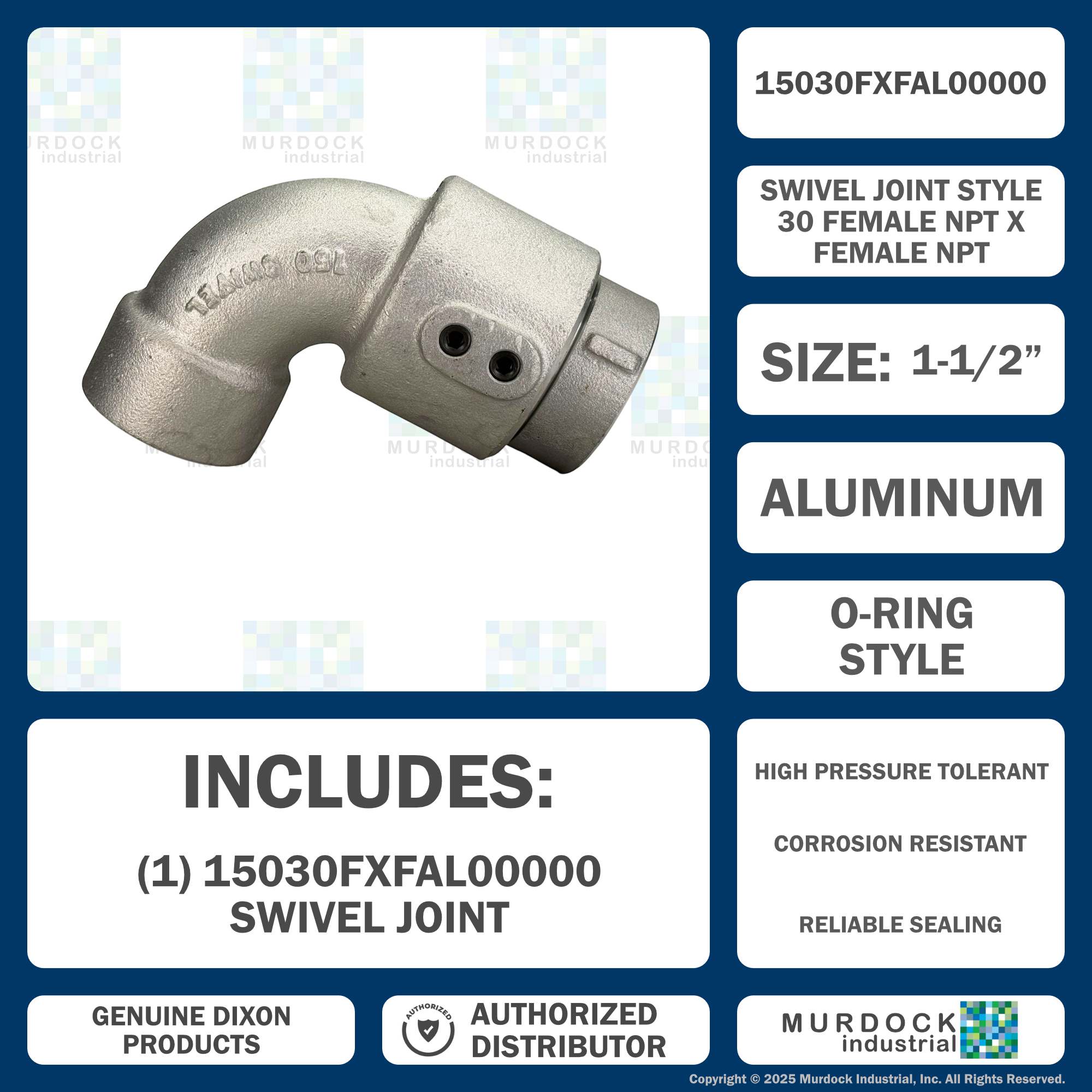 15030FXFAL00000 by Dixon Valve | Swivel Joint | Single Plane | Style 30 | 90° Elbow | 1-1/2" Size | Female NPT x Female NPT | Aluminum