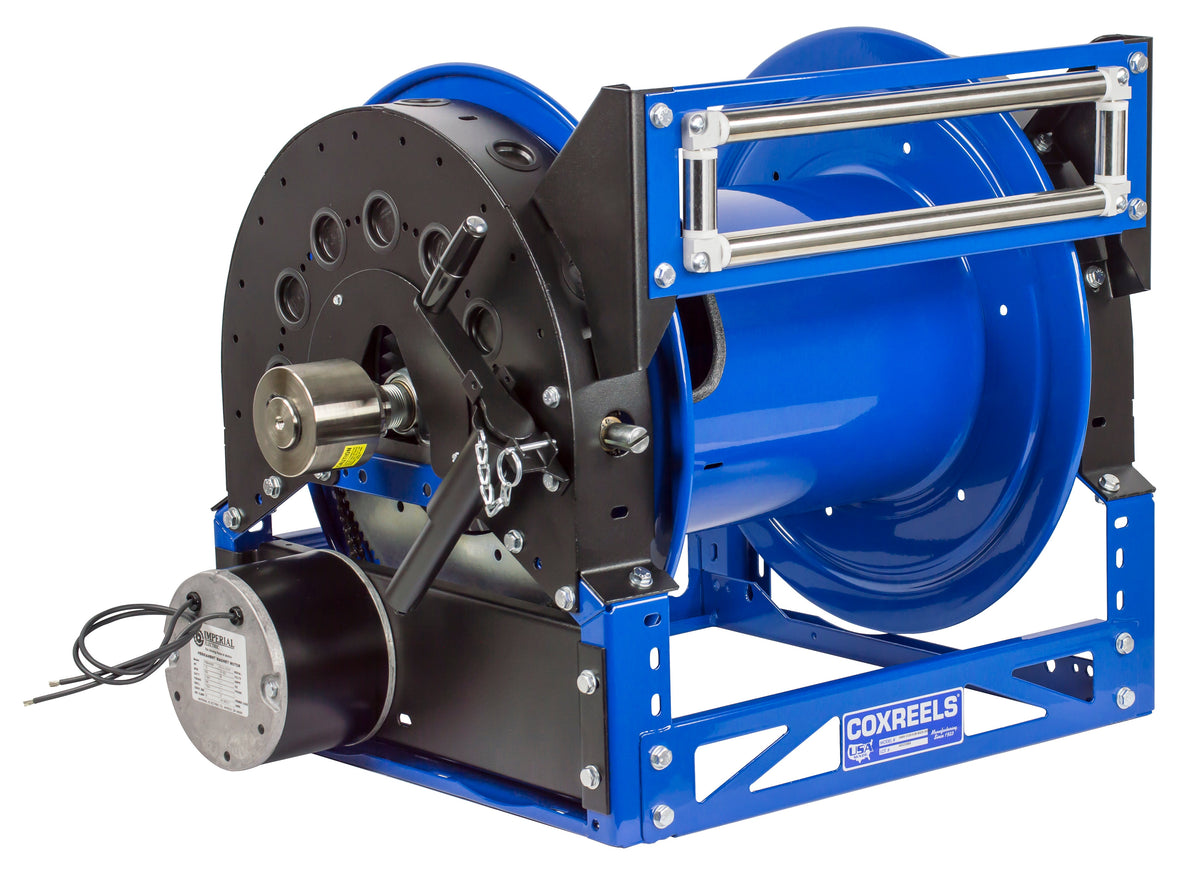 1680-1128-E by Coxreels | 1600 Series | 1,500 PSI Motor Driven Hose Reel | 12V DC 1/3 HP Electric Motor | 1-1/2" Hose ID | Steel | 85ft Capacity, Hose Not Included