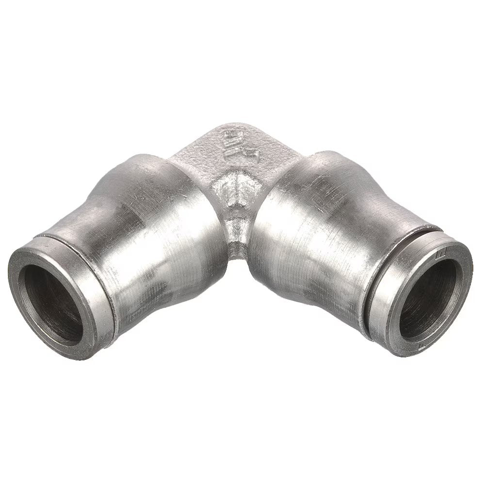 165PLM-10M by Parker | Prestolok PLM Metal Push-to-Connect Fittings | Tube to Tube Fittings | 10 mm Tube Size | 37.50 mm Length | 90° Elbow | Electroless Nickel-Plated Brass | Pack of 10