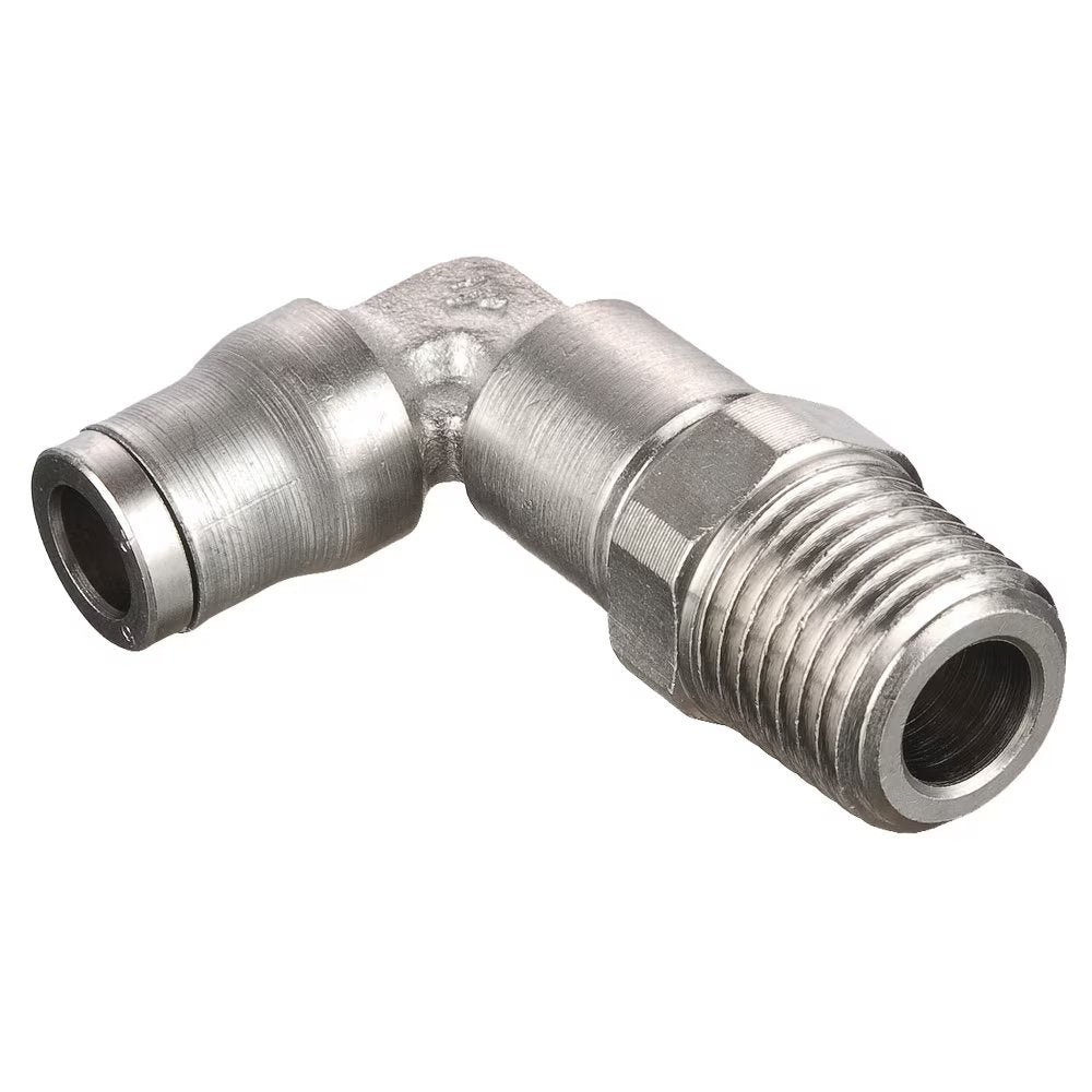 169PLMX-8M-4R by Parker | Prestolok PLM Metal Push-to-Connect Fittings | Threaded Fitting | 8 mm Tube Size x 1/4" Male BSPT Threads | 15.00 mm Height | 90° Long Elbow | Electroless Nickel-Plated Brass | Pack of 10