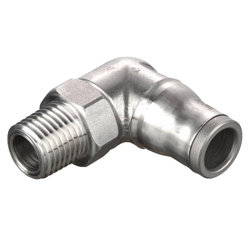 169PLS-6M-2 by Parker | Prestolok PLS Push-to-Connect Fittings | Threaded Fitting | 6 mm Tube Size x 1/8" Male NPT Threads | 13 mm Height | 90° Elbow | Stainless Steel | Pack of 5