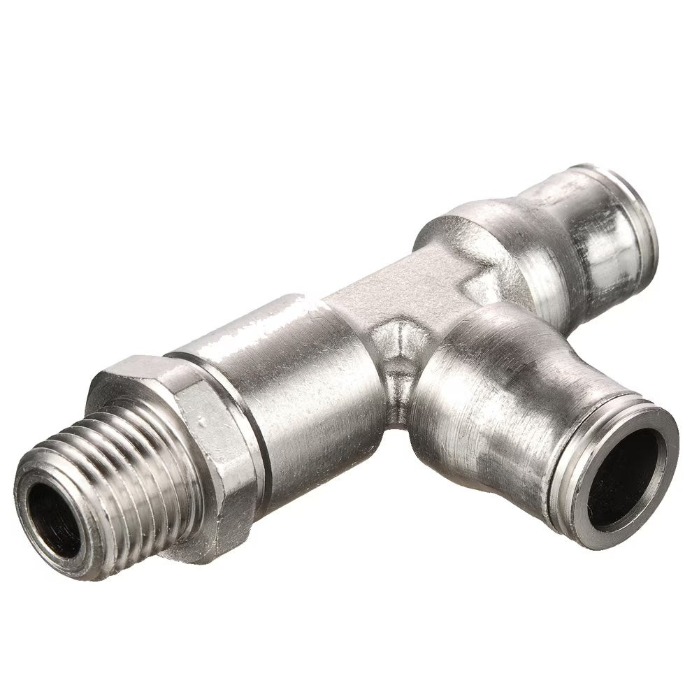171PLM-8M-4R by Parker | Prestolok PLM Metal Push-to-Connect Fittings | Threaded Fitting | 8mm Tube Size x 1/4" Male BSPT Threads | 15.00mm Height | 31.00mm Length | Tee | Electroless Nickel-Plated Brass | Pack of 10