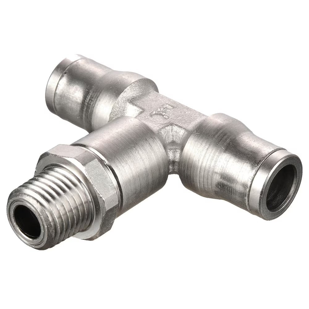 172PLM-12M-6R by Parker | Prestolok PLM Metal Push-to-Connect Fittings | Threaded Fitting | 12 mm Tube Size x 3/8" Male BSPT Threads | 62 mm Length | 23.00 mm Height | Tee | Electroless Nickel-Plated Brass | Pack of 5