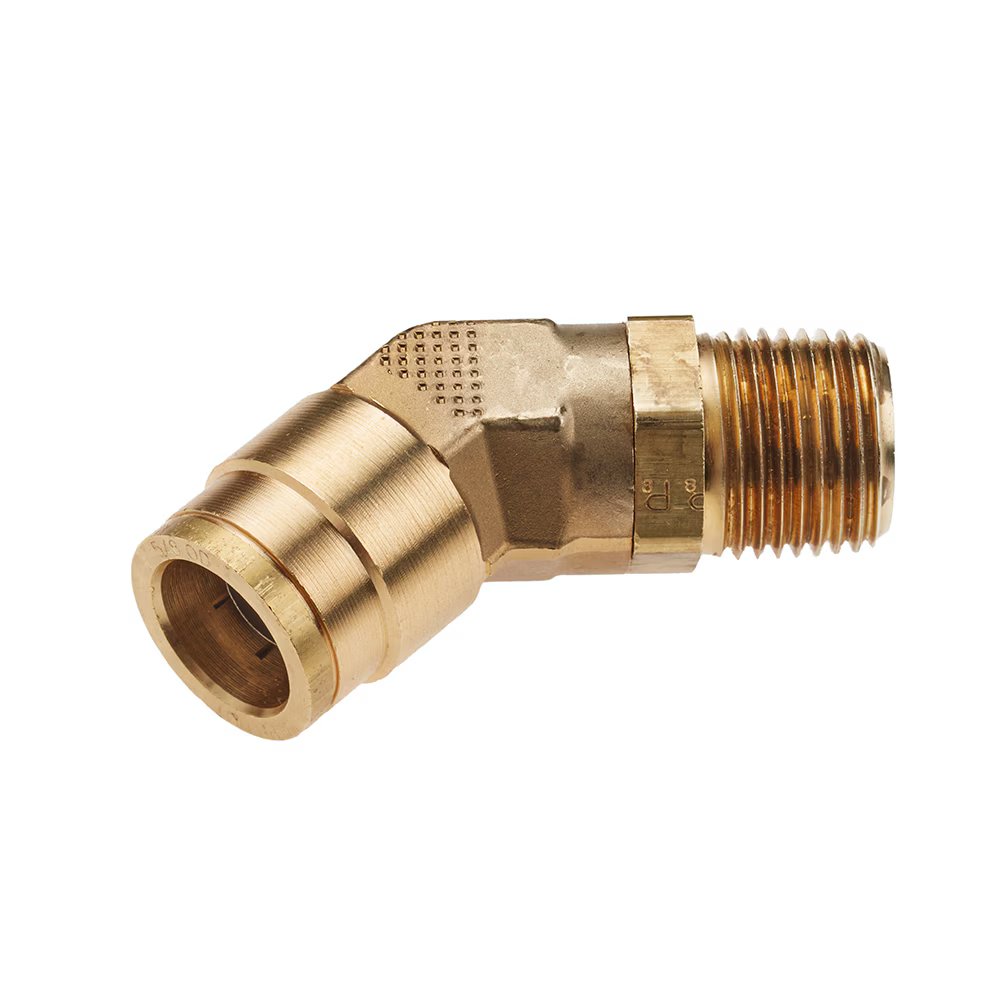 179PTC-4-2 by Parker | Threaded Fitting | 1/4" Swivel Push-to-Connect x 1/8" Male NPT Thread | 9/16" Hex | 45° Elbow | Brass | Pack of 5