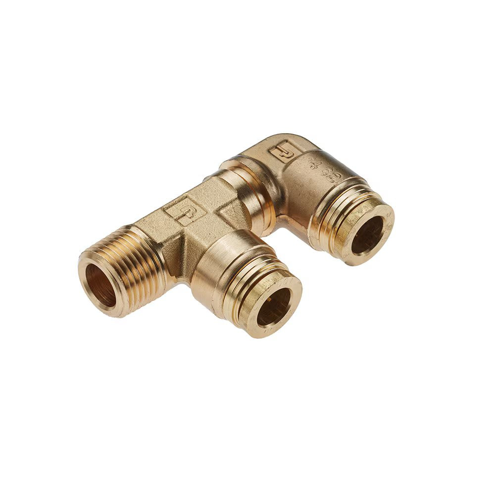 189PTC-10-10-8 by Parker | Threaded Fitting | 5/8" & 5/8" Dual Port Push-to-Connect x 1/2" Male NPT Threads | 90° Elbow | Brass | Pack of 5