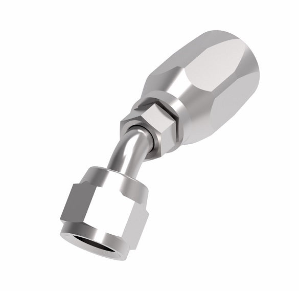 190297-4S Aeroquip by Danfoss | Female Universal Swivel 45° Elbow 100R5 Reusable Hose Fitting | -04 Female JIC Swivel (Also Couples w/ SAE 45° Flare) x -04 Reusable Hose End | Steel