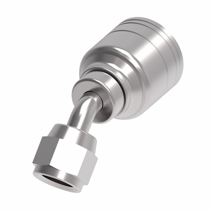 1AA5FJA4 Aeroquip by Danfoss | 1 & 2 Wire TTC Female JIC 37° Swivel 45° Elbow (FJA) Crimp Fitting | -05 Female JIC 37° Swivel x -04 Hose Barb | Steel