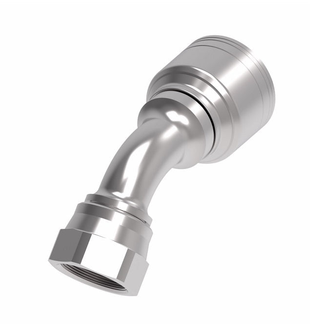 1AA6FJA4TZ Aeroquip by Danfoss | 1 & 2 Wire TTC Female JIC 37° Swivel 45° Elbow (FJA) Crimp Fitting | -06 Female JIC 37° Swivel x -04 Hose Barb | Zinc-Nickel Plated Steel