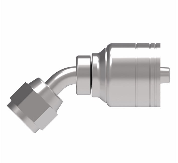 1AA5FJA4 Aeroquip by Danfoss | 1 & 2 Wire TTC Female JIC 37° Swivel 45° Elbow (FJA) Crimp Fitting | -05 Female JIC 37° Swivel x -04 Hose Barb | Steel
