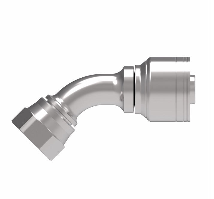 1AA6FJA4TZ Aeroquip by Danfoss | 1 & 2 Wire TTC Female JIC 37° Swivel 45° Elbow (FJA) Crimp Fitting | -06 Female JIC 37° Swivel x -04 Hose Barb | Zinc-Nickel Plated Steel