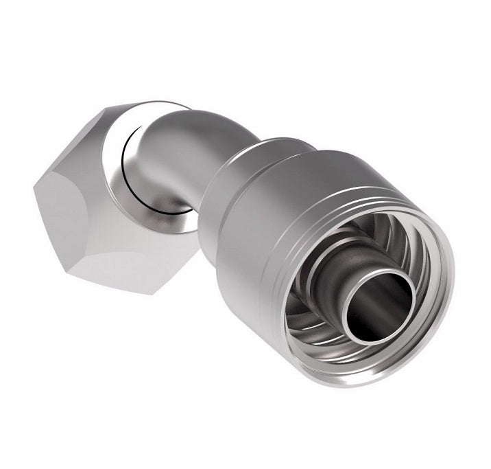 1AA6FJA6TZ Aeroquip by Danfoss | 1 & 2 Wire TTC Female JIC 37° Swivel 45° Elbow (FJA) Crimp Fitting | -06 Female JIC 37° Swivel x -06 Hose Barb | Zinc-Nickel Plated Steel