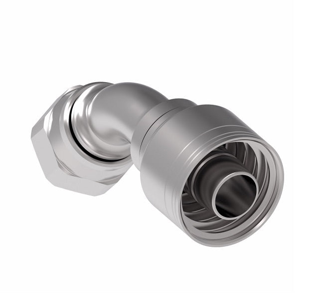 1AA6FJA4TZ Aeroquip by Danfoss | 1 & 2 Wire TTC Female JIC 37° Swivel 45° Elbow (FJA) Crimp Fitting | -06 Female JIC 37° Swivel x -04 Hose Barb | Zinc-Nickel Plated Steel