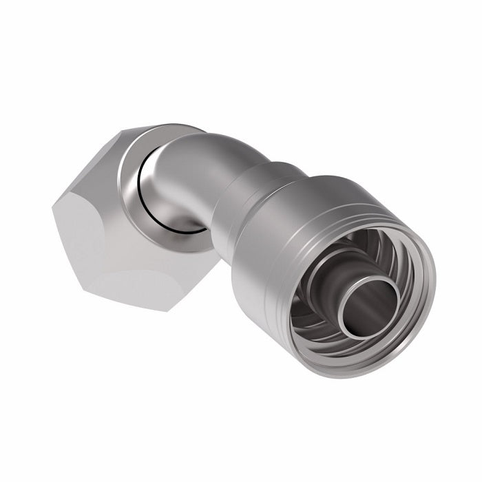 1AA12FJA10 Aeroquip by Danfoss | 1 & 2 Wire TTC Female JIC 37° Swivel 45° Elbow (FJA) Crimp Fitting | -12 Female JIC 37° Swivel x -10 Hose Barb | Steel