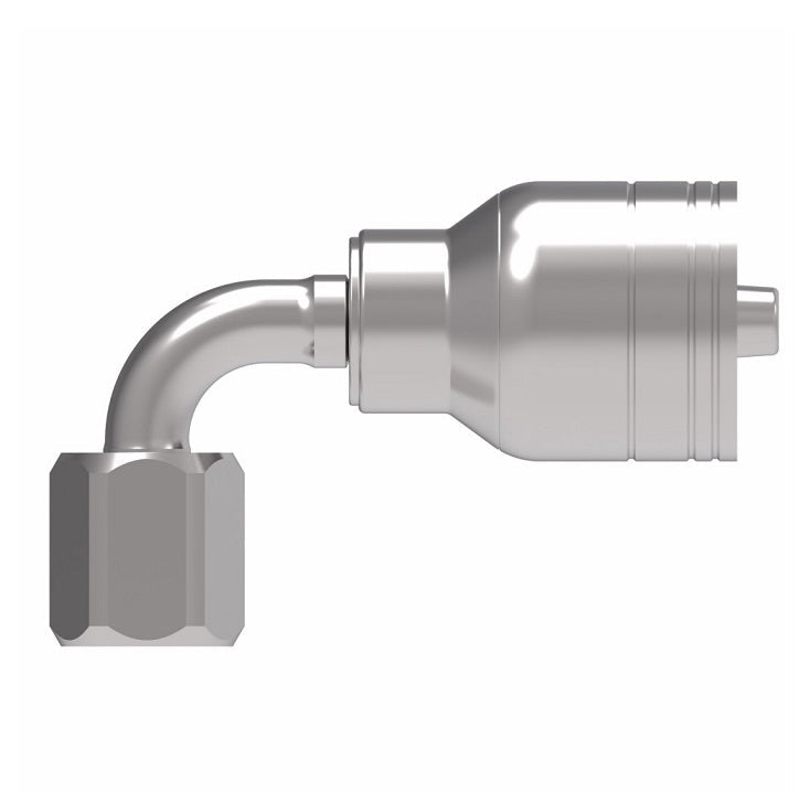 1AA6FJB4 Aeroquip by Danfoss | 1 & 2 Wire TTC Female JIC 37° Swivel 90° Elbow (FJB) Crimp Fitting | -06 Female JIC 37° Swivel x -04 Hose Barb | Steel
