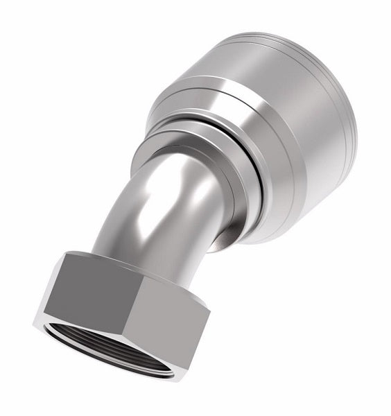 1AA24FRA20 Aeroquip by Danfoss | 1 & 2 Wire TTC Female ORS Swivel 45° Elbow (FRA) Crimp Fitting | -24 Female O-Ring Face Seal Swivel x -20 Hose Barb | Steel