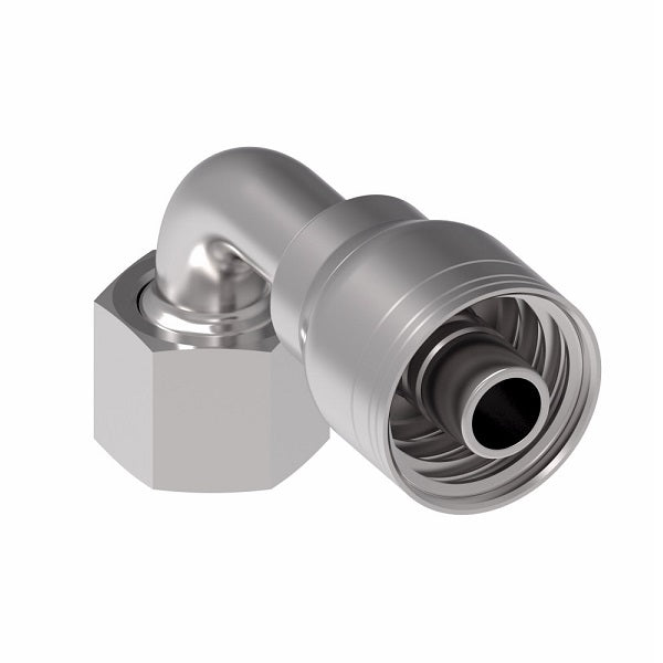 1AA16FRB16TZ Aeroquip by Danfoss | 1 & 2 Wire TTC Female ORS Swivel 90° Short Drop Elbow (FRB) Crimp Fitting | -16 Female O-Ring Face Seal Swivel x -16 Hose Barb | Zinc-Nickel Plated Steel