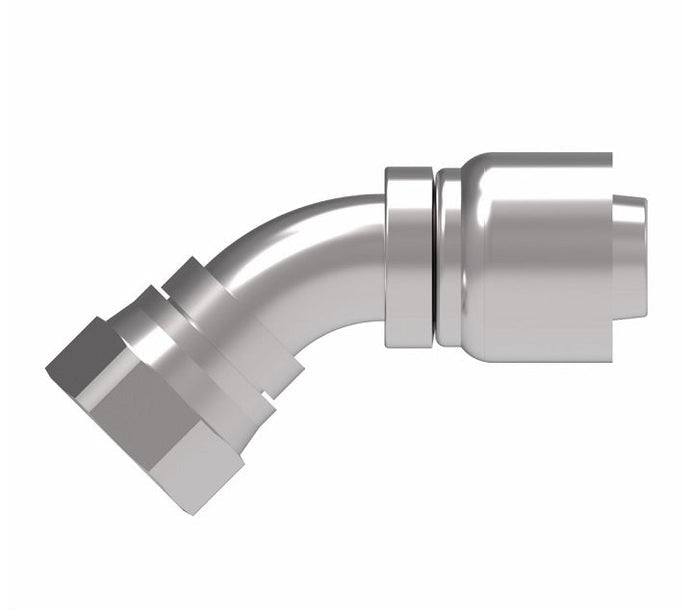 1GA24FJA24 Aeroquip by Danfoss | 1 & 2 Wire OTC Female JIC 37° Swivel 45° Elbow (FJA) Crimp Fitting | -24 Female JIC 37° Swivel x -24 Hose Barb | Steel