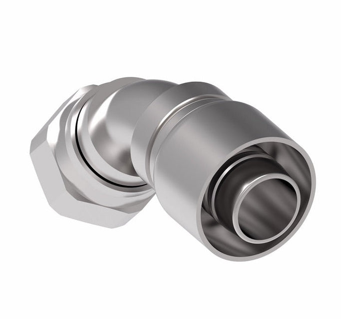 1GA24FJA24 Aeroquip by Danfoss | 1 & 2 Wire OTC Female JIC 37° Swivel 45° Elbow (FJA) Crimp Fitting | -24 Female JIC 37° Swivel x -24 Hose Barb | Steel