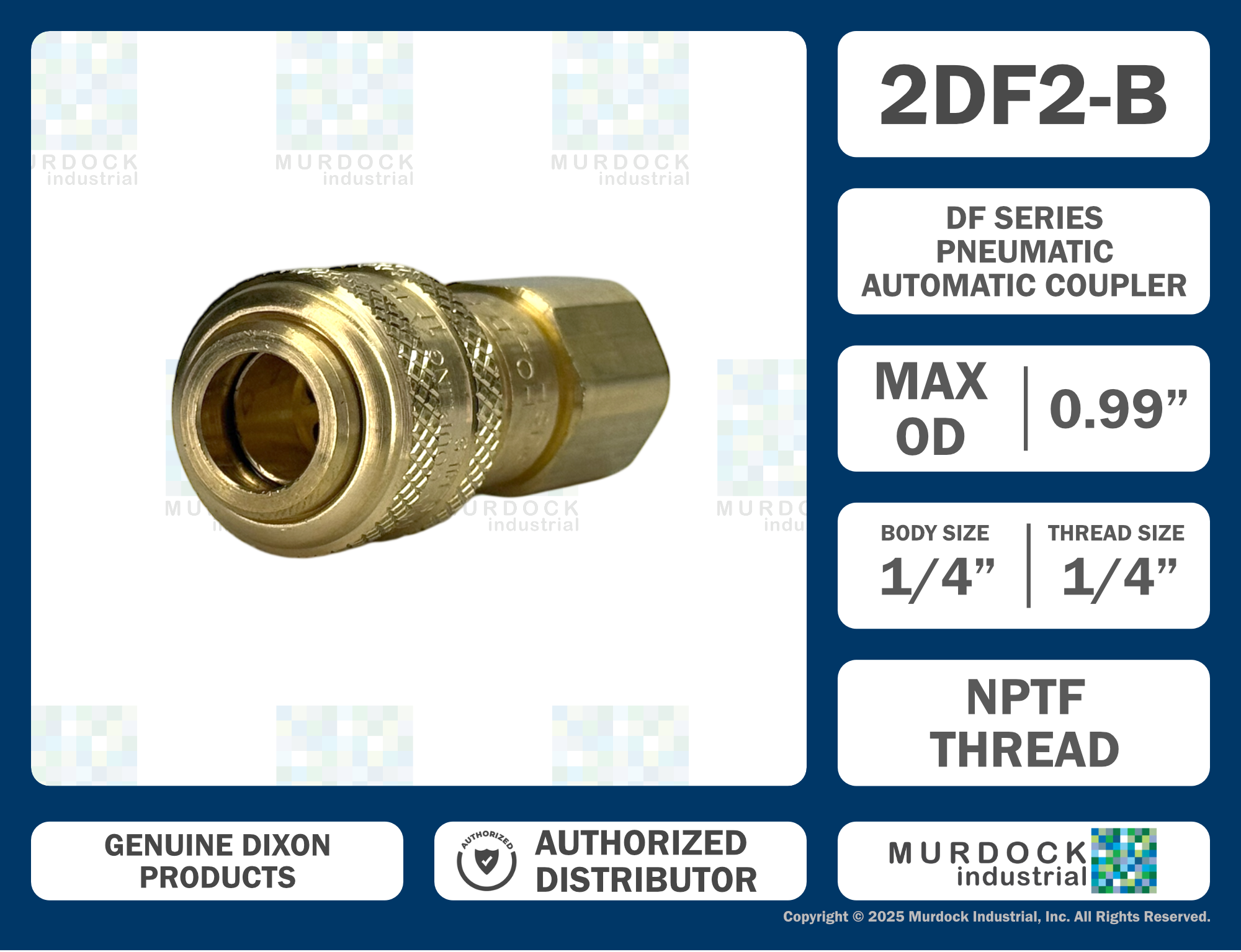 2DF2-B by Dixon Valve | Pneumatic Quick Disconnect Coupling | D-Series | 1/4" Female NPTF x 1/4" Automatic Industrial Interchange | Socket | Nitrile Seal | Brass