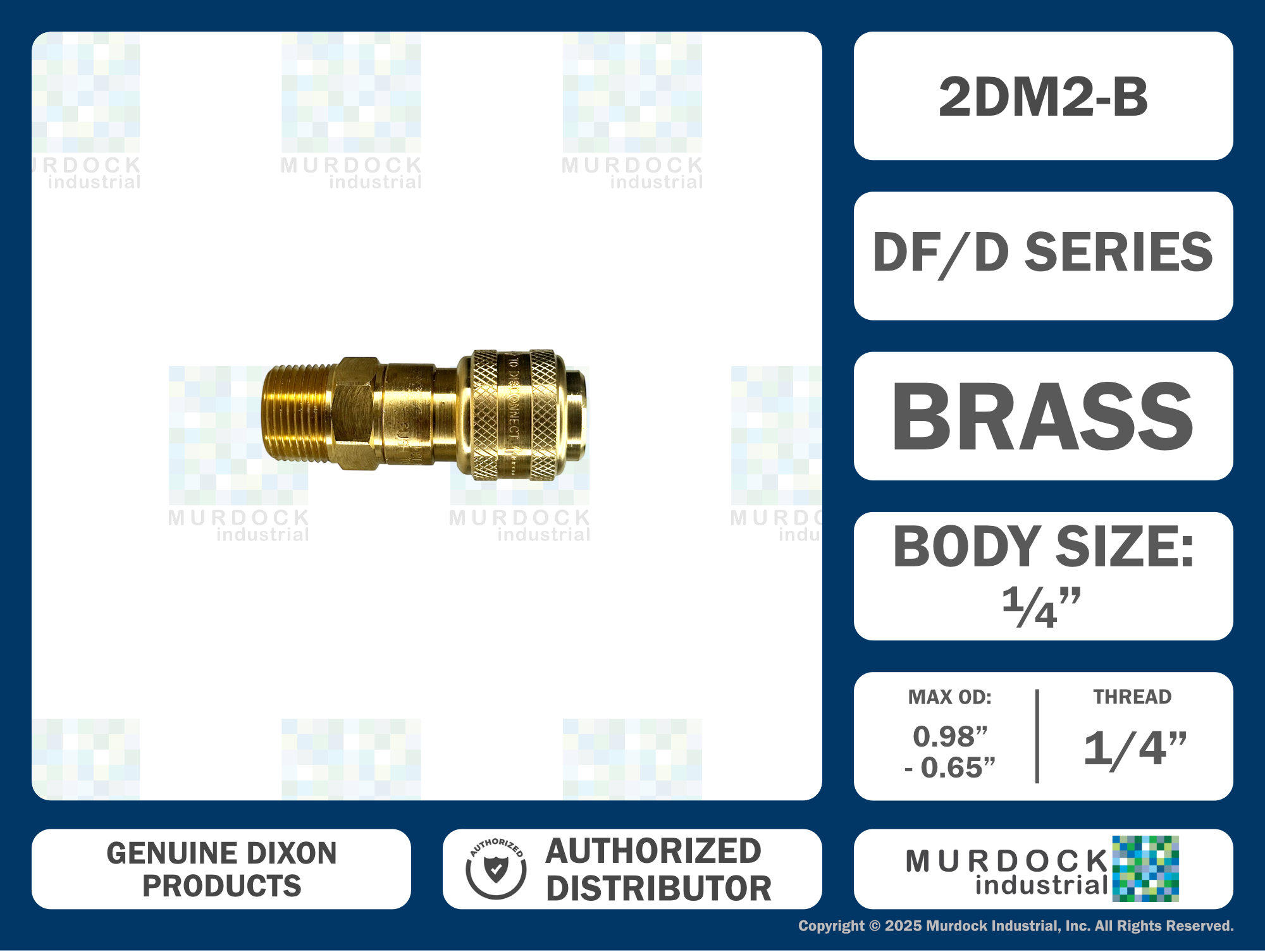 2DM2-B by Dixon Valve | Pneumatic Quick Disconnect Coupling | D-Series | 1/4" Male NPTF x 1/4" Automatic Industrial Interchange | Socket | Nitrile Seal | Brass