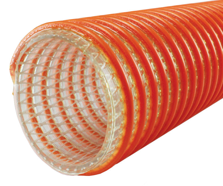 3076-0150-100 by Jason Industrial | 3076 Series | Heavy-Duty Suction and Transfer Hose | PVC | 1-1/2" ID | 2.03" OD | 110 PSI | Clear/Orange | 100ft