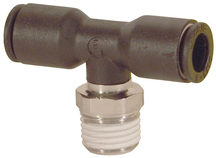 31080613 by Dixon Valve | Legris Metric Push-In Fitting | Male Branch Tee | 6mm Tube OD x 1/4" Male BSPT x 6mm Tube OD | Nylon / Nickel-Plated Brass