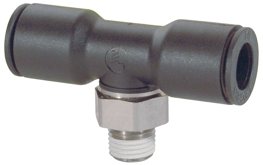 31086014 by Dixon Valve | Legris Push-In Fitting | Male Branch Tee | 3/8" Tube OD x 1/4" Male NPT x 3/8" Tube OD | Nylon / Nickel-Plated Brass