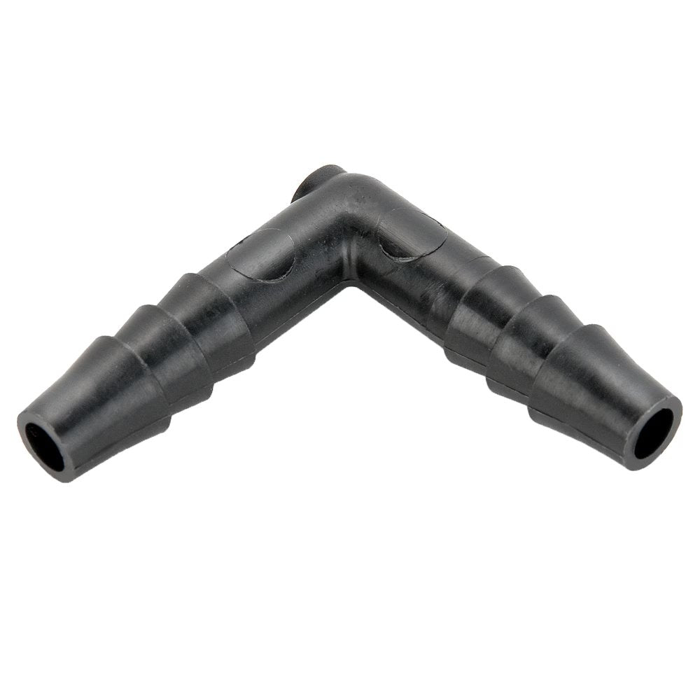 365HB-10PP by Parker | Tube to Tube Fitting | 5/8" Union Barb x 5/8" Barb | 1.37" Length | 90° Elbow | Black | Polypropylene