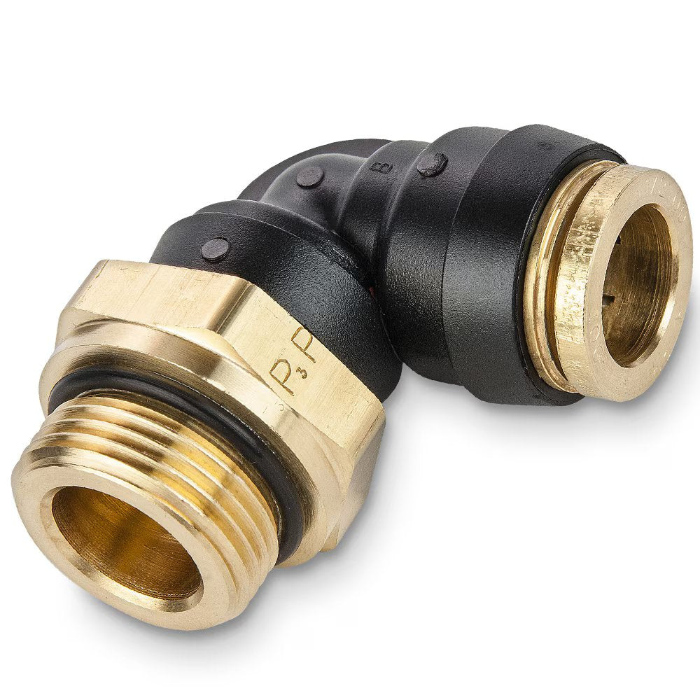 369PTCR-4-MA16 by Parker | Threaded Fitting | 1/4" Rigid Swivel Push-to-Connect x M16X1.5 Male M16 Threads | 7/8" Hex | 90° Elbow | Composite