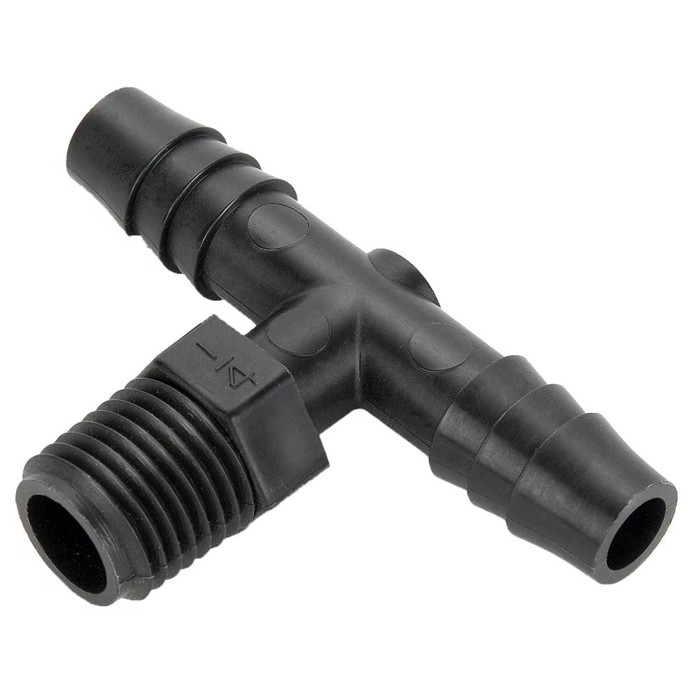 372HB-6-6PP by Parker | Threaded Fitting | 3/8" Barb x 3/8" Male NPT Pipe Thread | 11/16" Hex | 2.22" Length | Tee | Black | Polypropylene