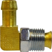 38873 by Midland | Fuel Hose Barb | Inverted Flare Swivel | 5/16" Hose ID x 5/16" Male Inverted Flare | 90° Elbow | Brass