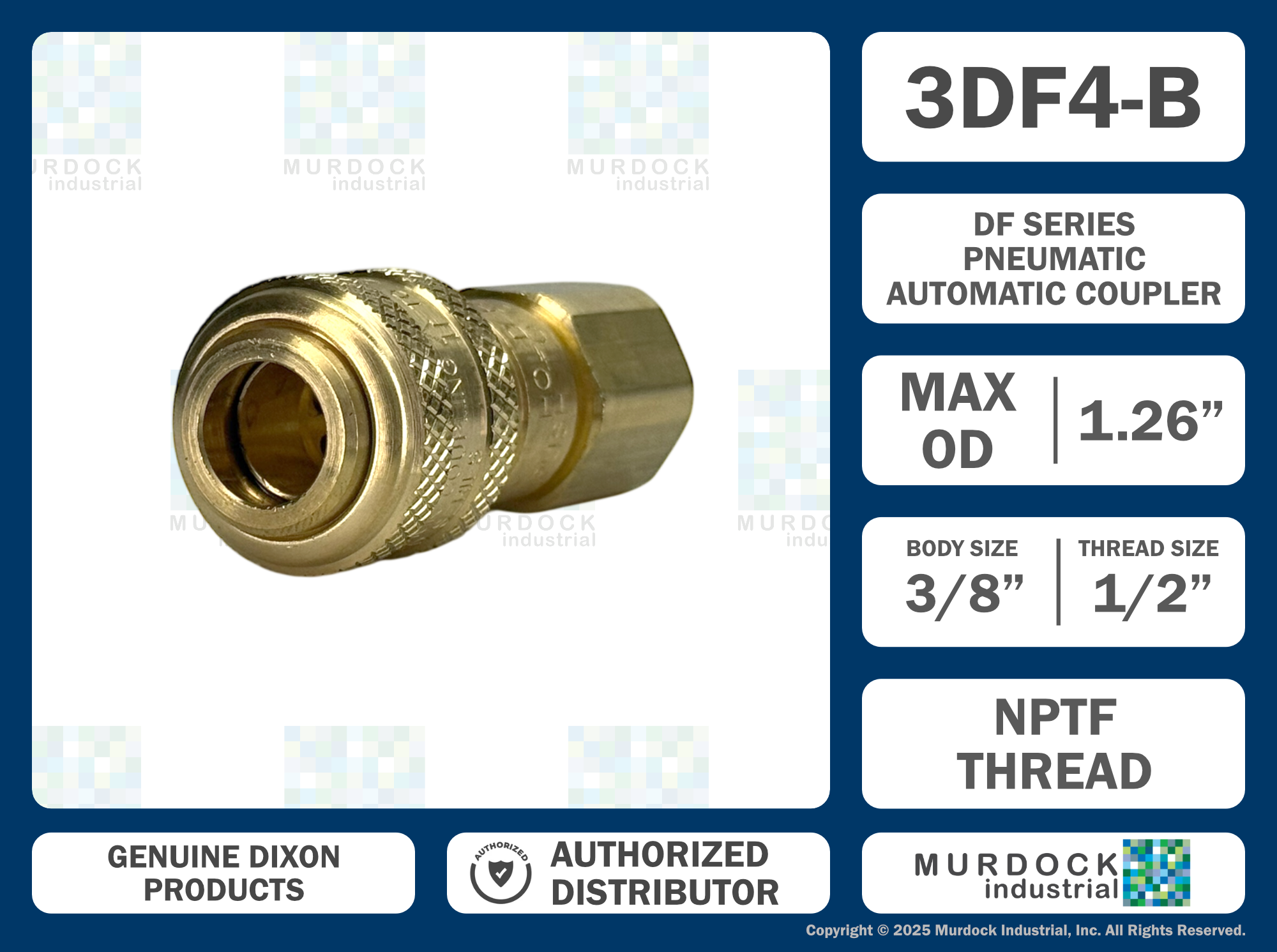 3DF4-B by Dixon Valve | Pneumatic Quick Disconnect Coupling | D-Series | 1/2" Female NPTF x 3/8" Automatic Industrial Interchange | Socket | Nitrile Seal | Brass