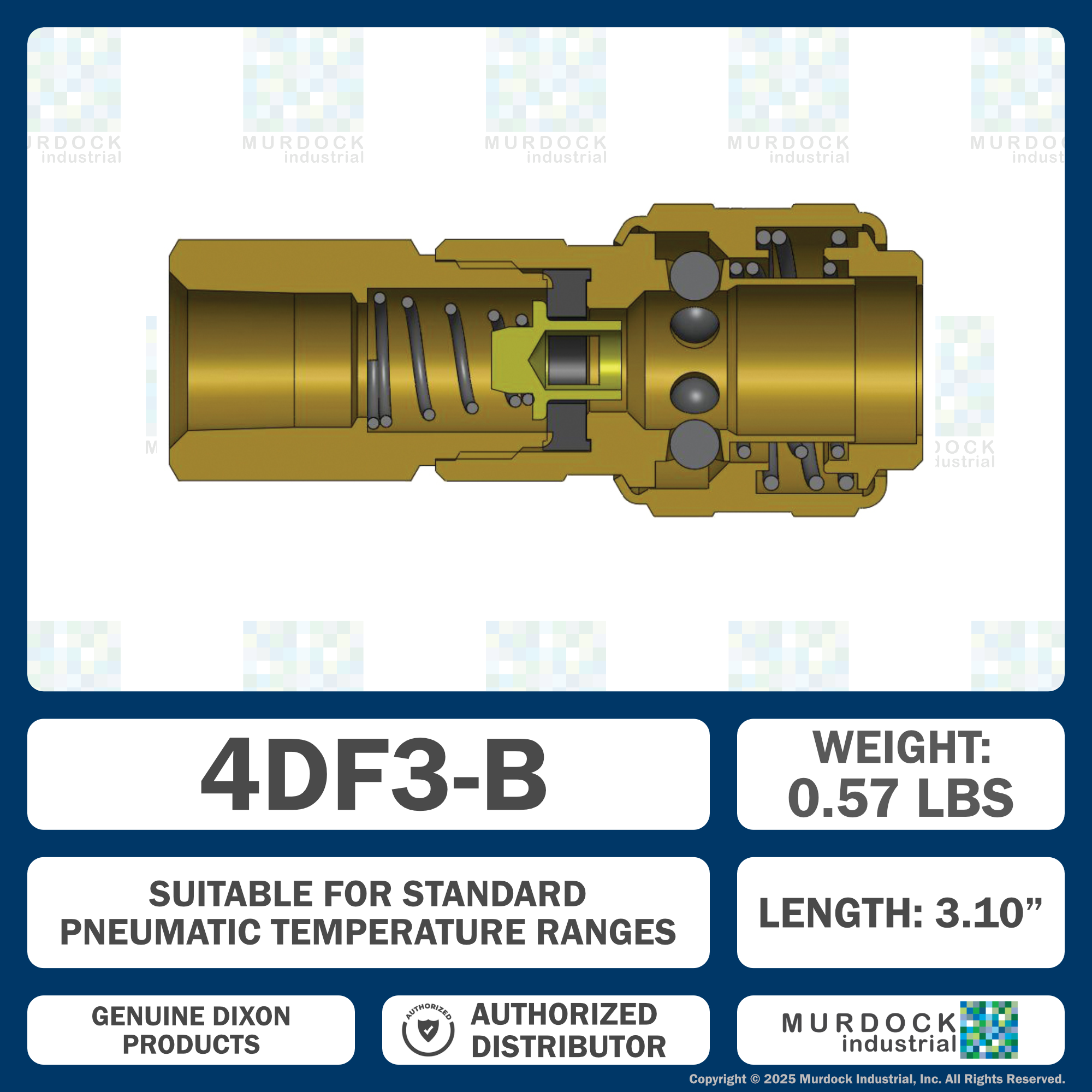 4DF3-B by Dixon Valve | Pneumatic Quick Disconnect Coupling | D-Series | 3/8" Female NPTF x 1/2" Automatic Industrial Interchange | Socket | Nitrile Seal | Brass