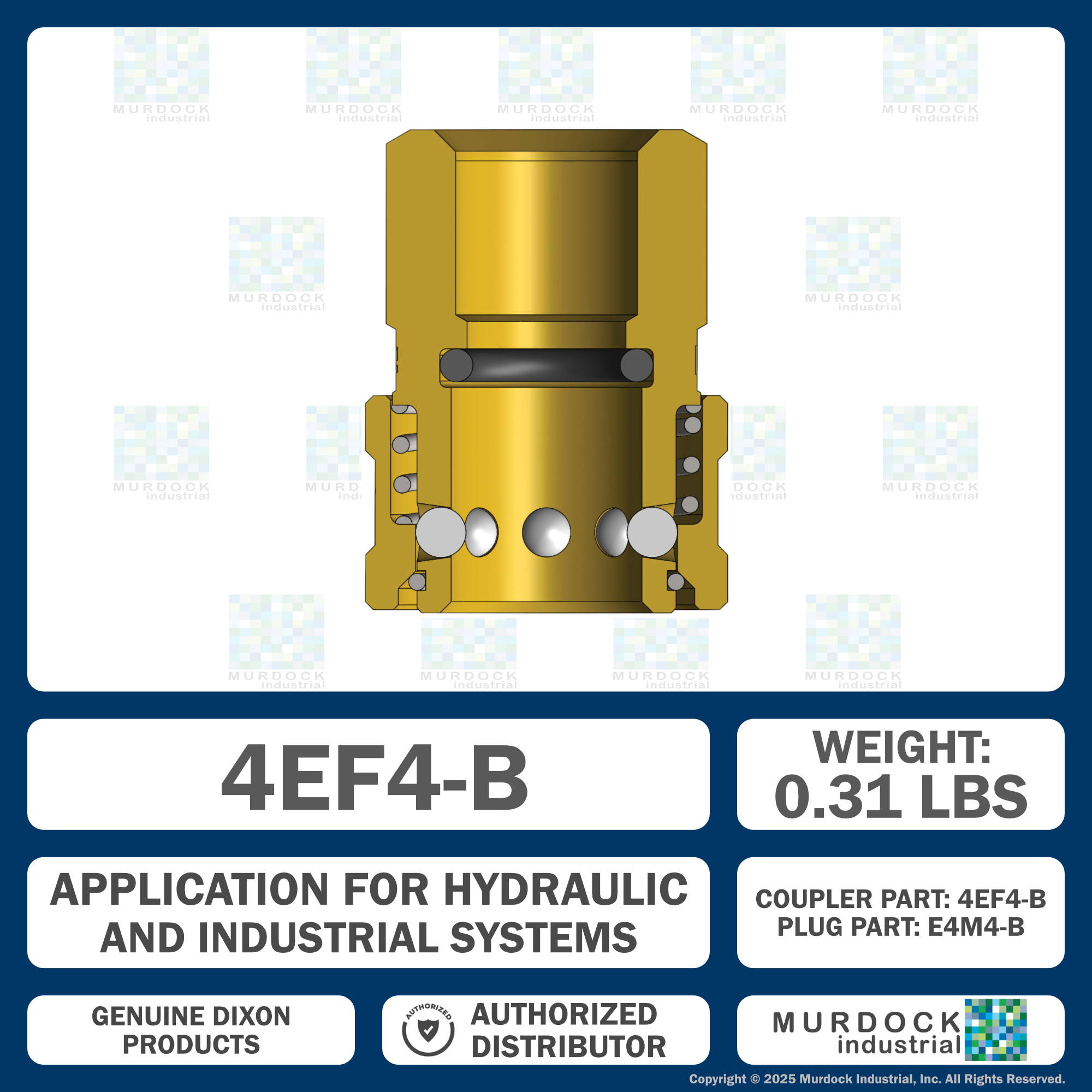 4EF4-B by Dixon Valve | Hydraulic Quick Disconnect Coupling | E-Series | 1/2" Female NPTF x 1/2" Straight-Through Interchange | Socket | Nitrile Seal | Brass