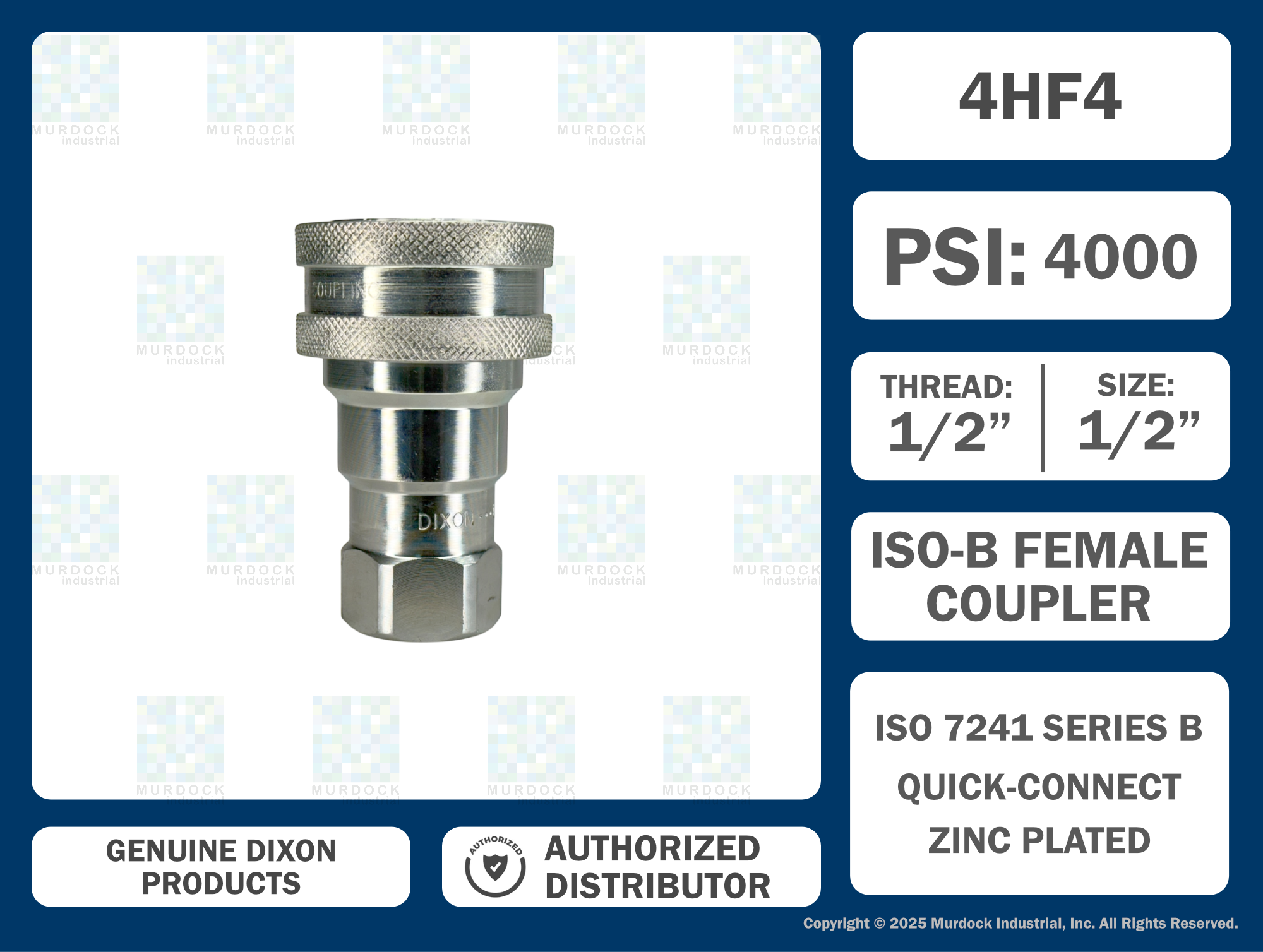 4HF4 by Dixon Valve | Hydraulic Quick Disconnect Coupling | H-Series | 1/2" Female NPTF x 1/2" ISO-B Interchange | Socket | Nitrile Seal | Steel