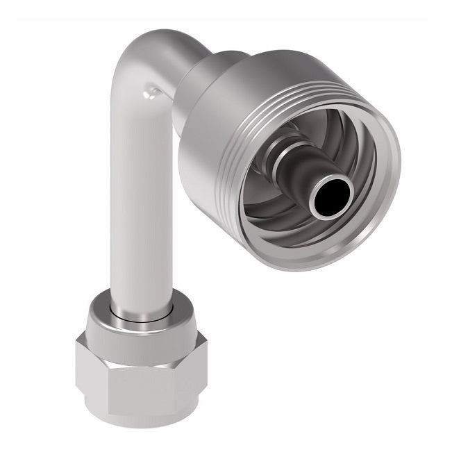 4SA6FJC6 Aeroquip by Danfoss | 4 Wire 4S Female JIC 37° Swivel 90° Long Drop Elbow (FJC) Crimp Fitting | -06 Female JIC 37° Swivel x -06 Hose Barb | Steel