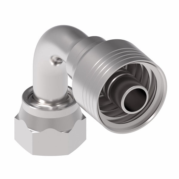 4SA6FRB6.038 Aeroquip by Danfoss | 4 Wire 4S Female ORS Swivel 90° Short Drop Elbow (FRB) Crimp Fitting | -06 Female O-Ring Face Seal Swivel x -06 Hose Barb | Steel