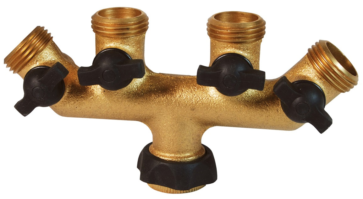 500GH4VBK by Dixon Valve | Garden Hose 4-Valve Manifold | 3/4" Female GH (NH) Swivel Inlet | 3/4" Male GH (NH) Outlets | Forged Brass