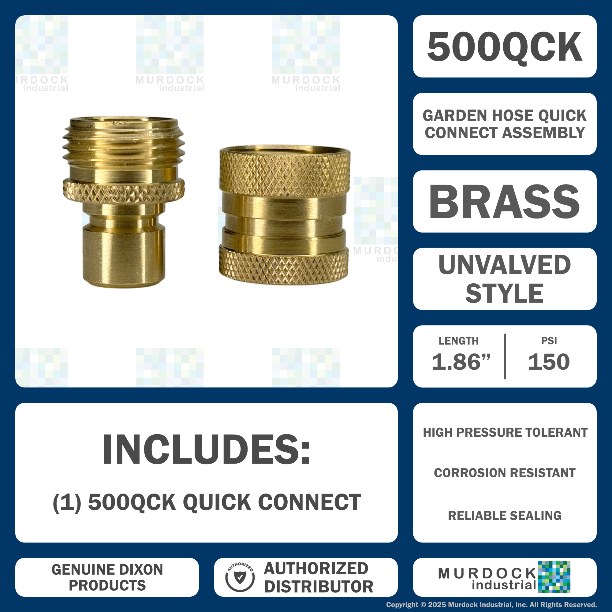 500QCK by Dixon Valve | Garden Hose Quick Disconnect Coupling | 3/4" Male GHT x 3/4" Female GHT | Complete Assembly | Unvalved | Brass