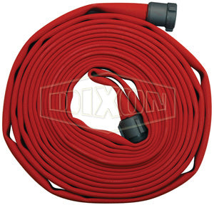 A515R50RAF Dixon 500# Single Jacket All-Polyester Fire Hose - Red Color Impregnated - Coupled - Fem. x Male NST(NH) Expansion Ring Couplings (Aluminum) - 1-1/2" Hose Size - 1-3/4" Bowl Size - 50ft Length
